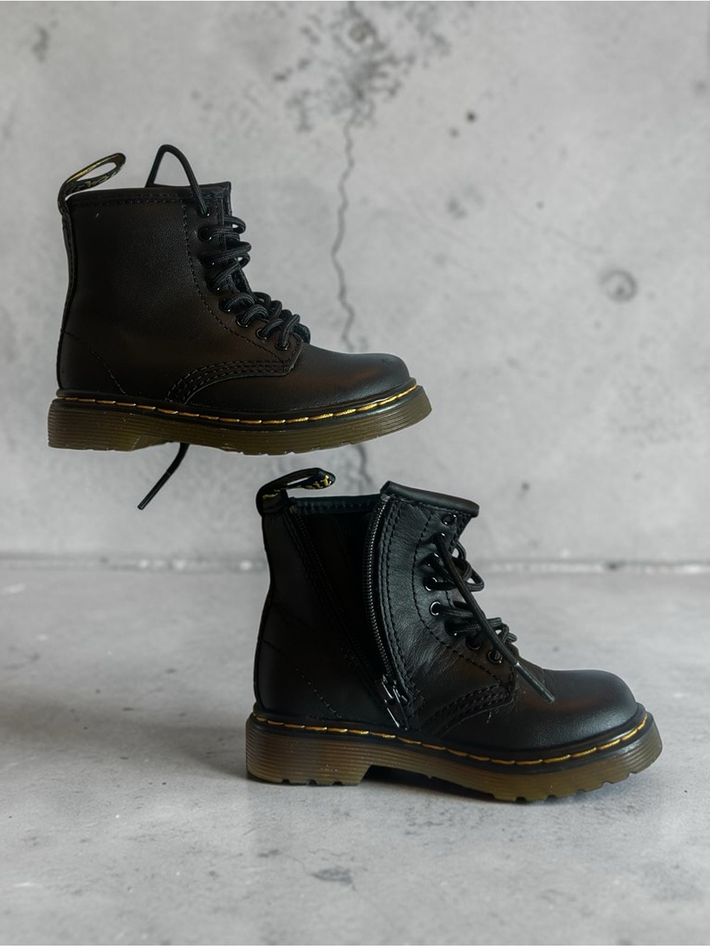 Toddler Black Doc Marten Combat Boots with Yellow Welt Stitching